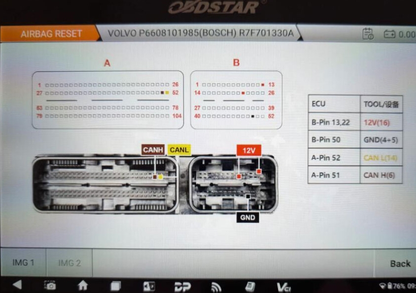 Volvo Airbag Pinout to OBDSTAR G3
